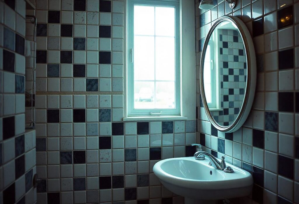 Patchwork black and white bathroom tile 